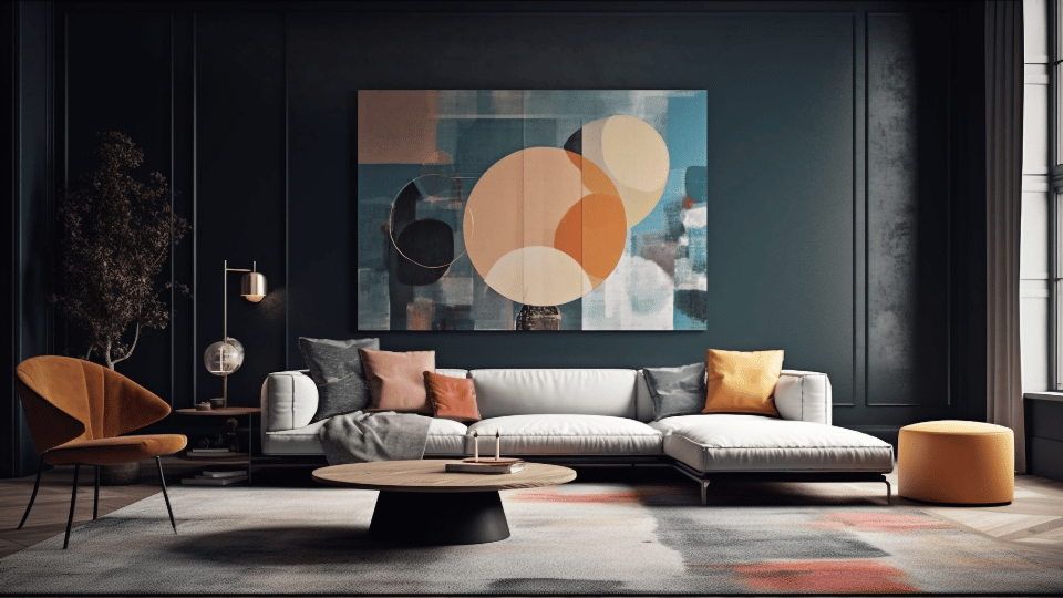 Living room with a modern sofa set and abstract wall art.