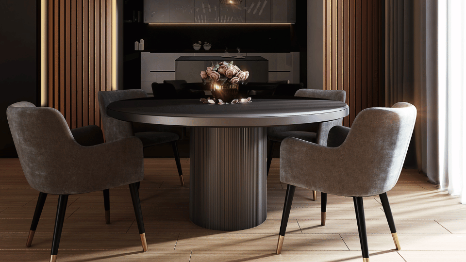 Modern dining table with upholstered chairs.