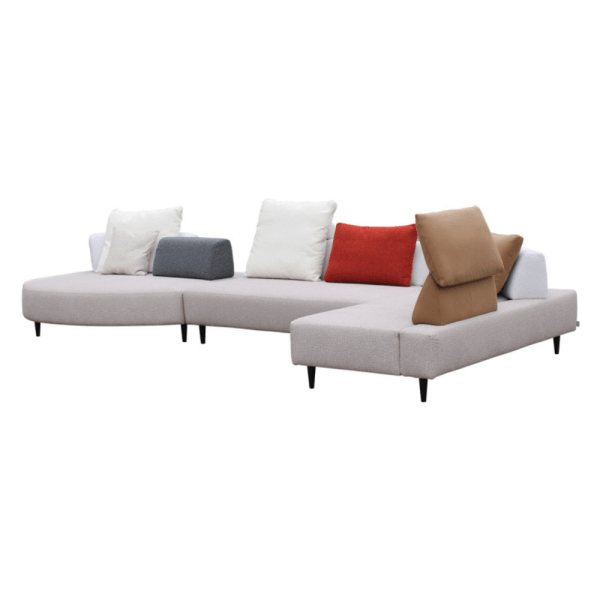 Unique corner sectional sofa featuring multiple cushions.