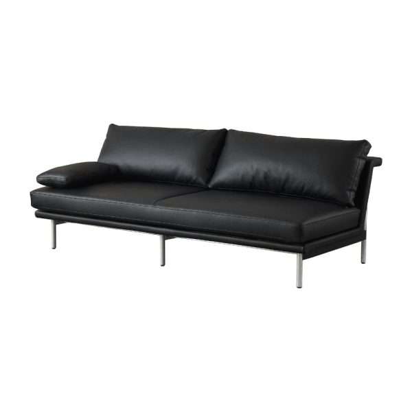 Minimalist black leather sofa with steel legs.