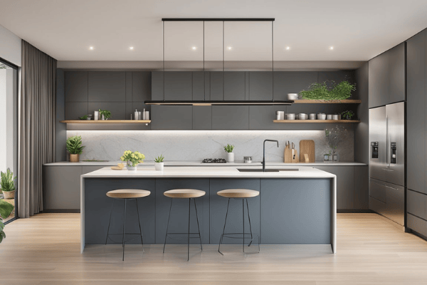 Modern kitchen with gray kitchen cabinets, marble backsplash, and a central island.